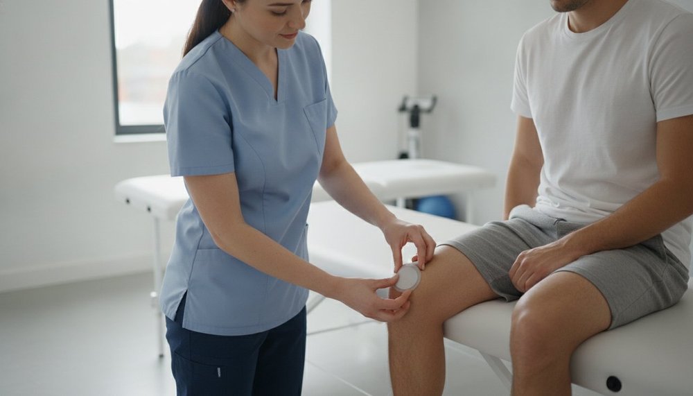 Kinésithérapeute posant une électrode sur le genou d'un patient en rééducation