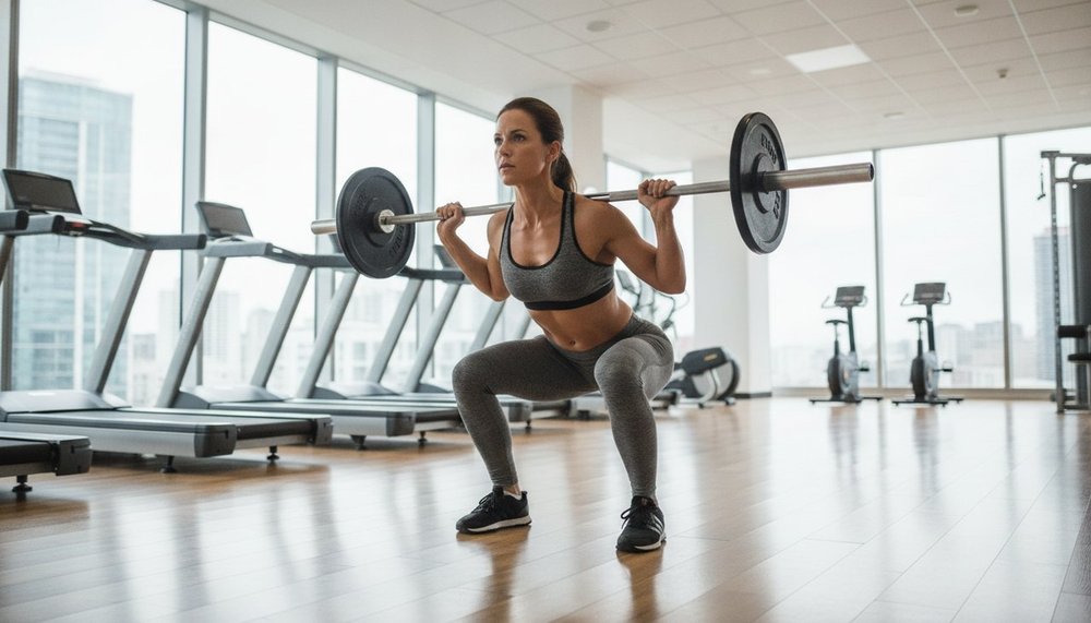 Femme réalisant un squat avec barre en salle de sport