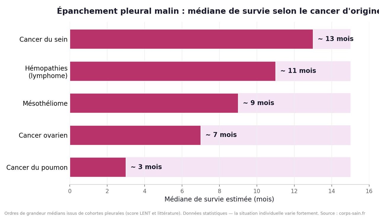 Infographie : médiane de survie de l'épanchement pleural malin selon le cancer d'origine