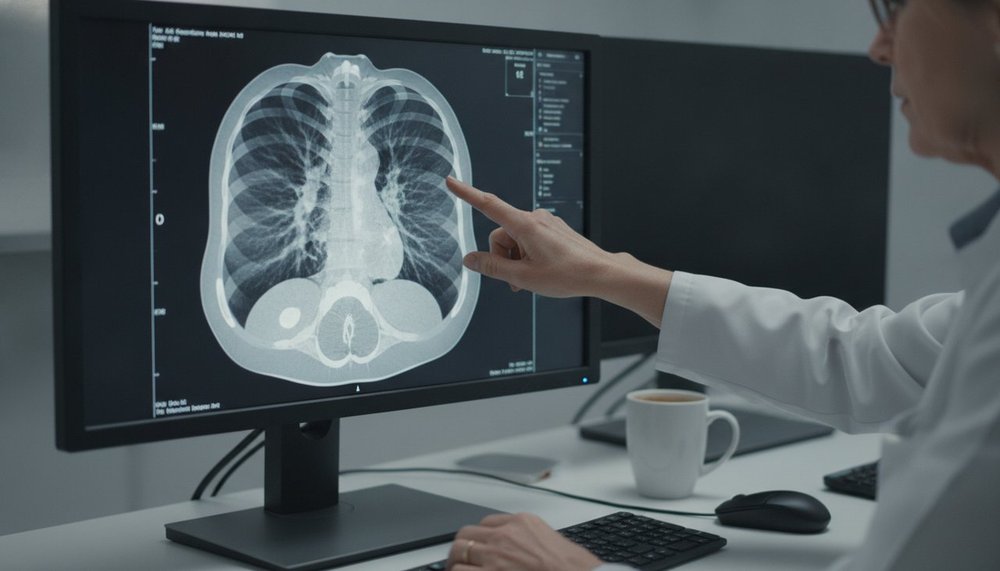 Pneumologue analysant un scanner thoracique pour un épanchement pleural