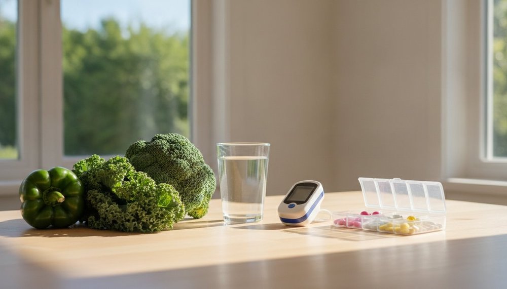 Hygiène de vie favorable à la santé respiratoire : eau, légumes, oxymètre