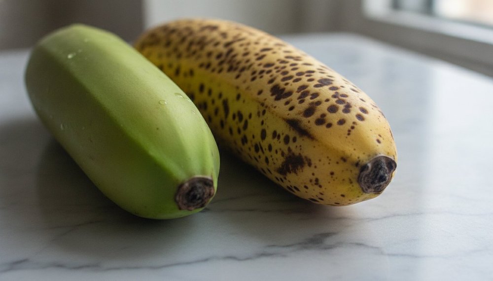 Comparaison entre une banane verte peu mûre et une banane mûre tachetée