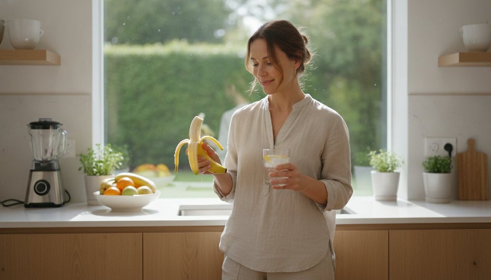 Femme épluchant une banane mûre avec un verre d'eau dans une cuisine lumineuse