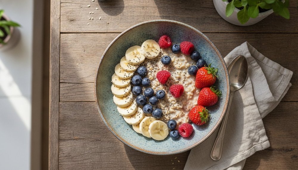 Bol de petit-déjeuner riche en fibres avec banane, flocons d'avoine, graines de chia et fruits rouges