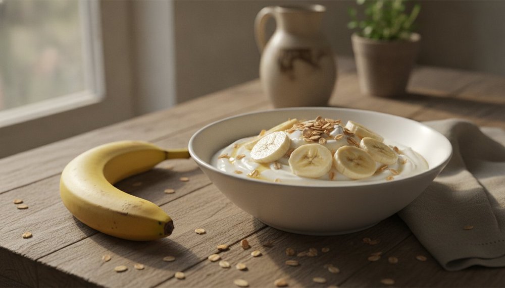 Banane avec yaourt grec et flocons d'avoine, collation équilibrée pour la perte de poids