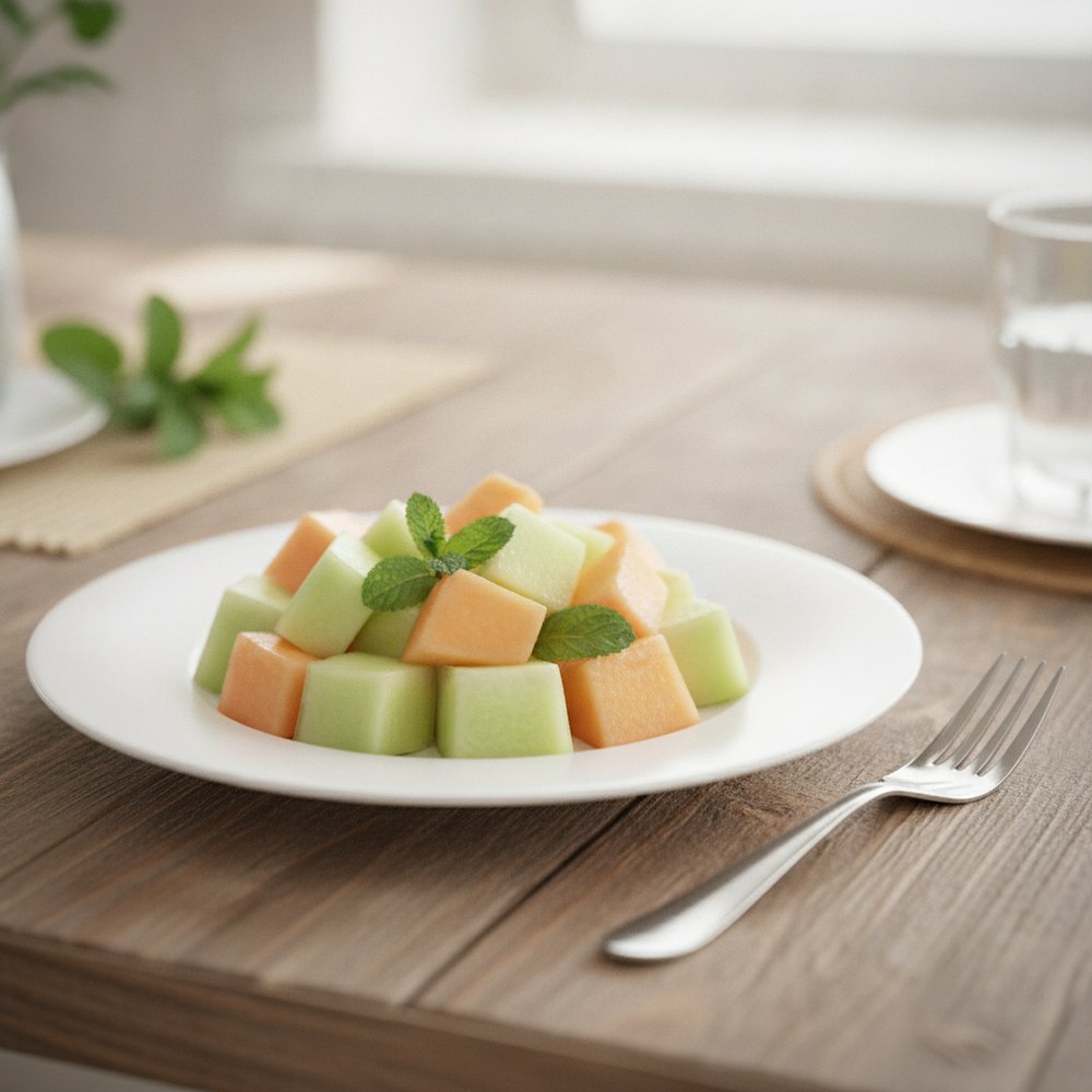 Assiette de dés de melon frais avec de la menthe
