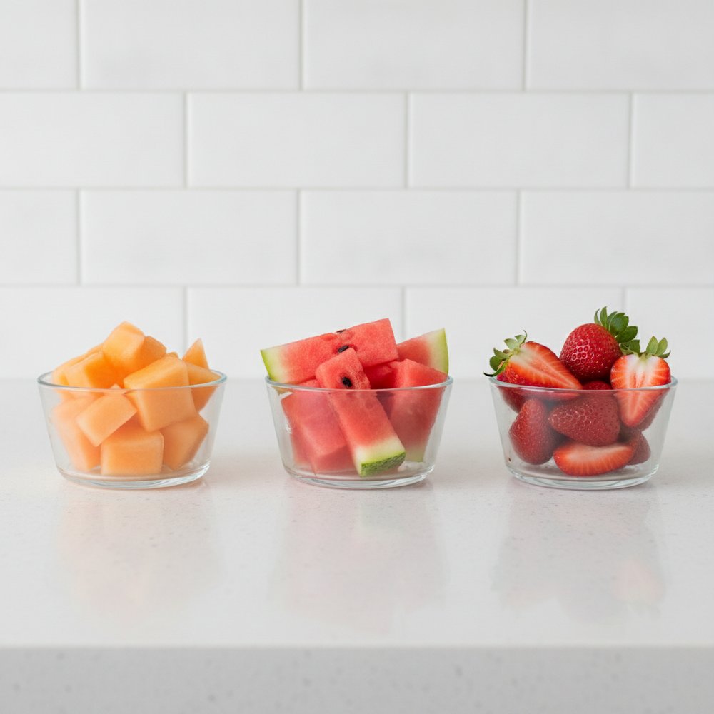 Comparaison de bols de melon, pastèque et fraises sur un plan de travail