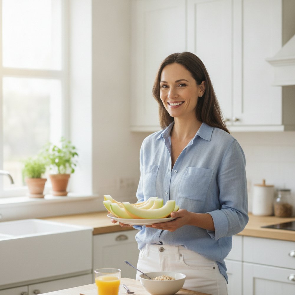 Femme préparant une assiette de melon frais dans une cuisine lumineuse