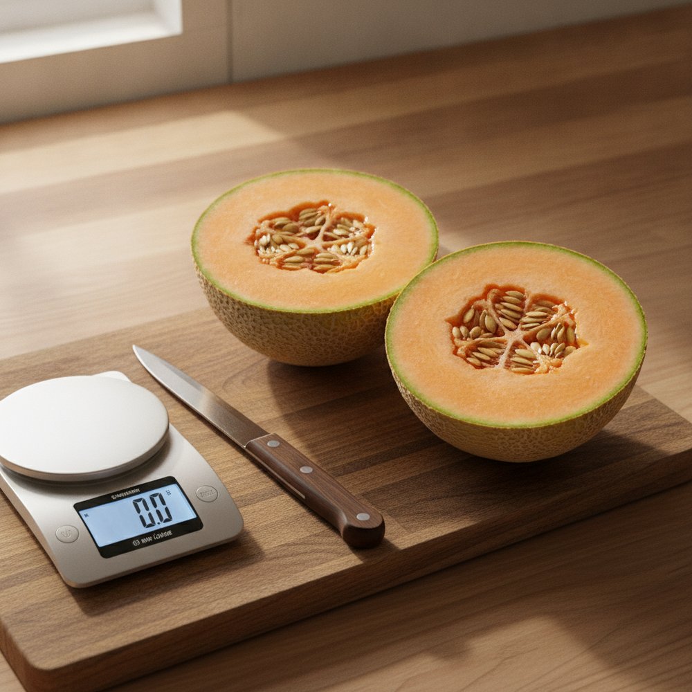 Melon coupé en deux à côté d'une balance de cuisine