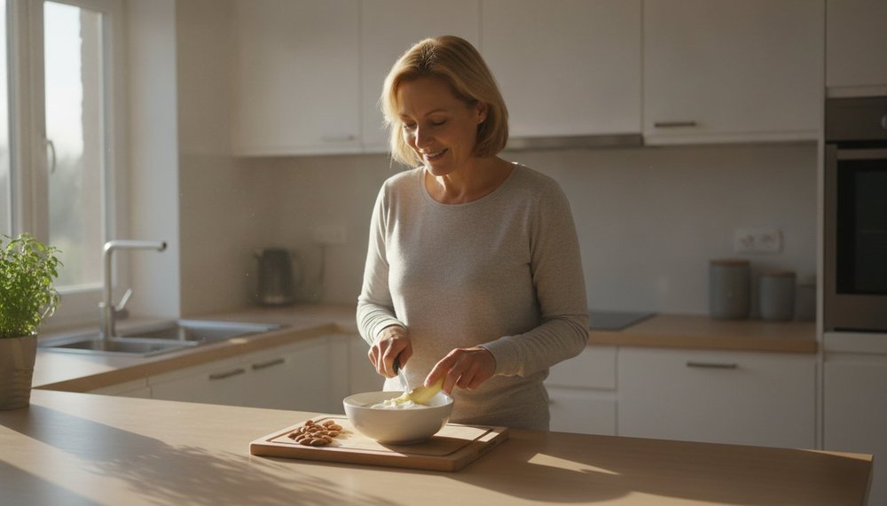 Femme préparant un bol de yaourt aux fruits frais et amandes, collation rassasiante