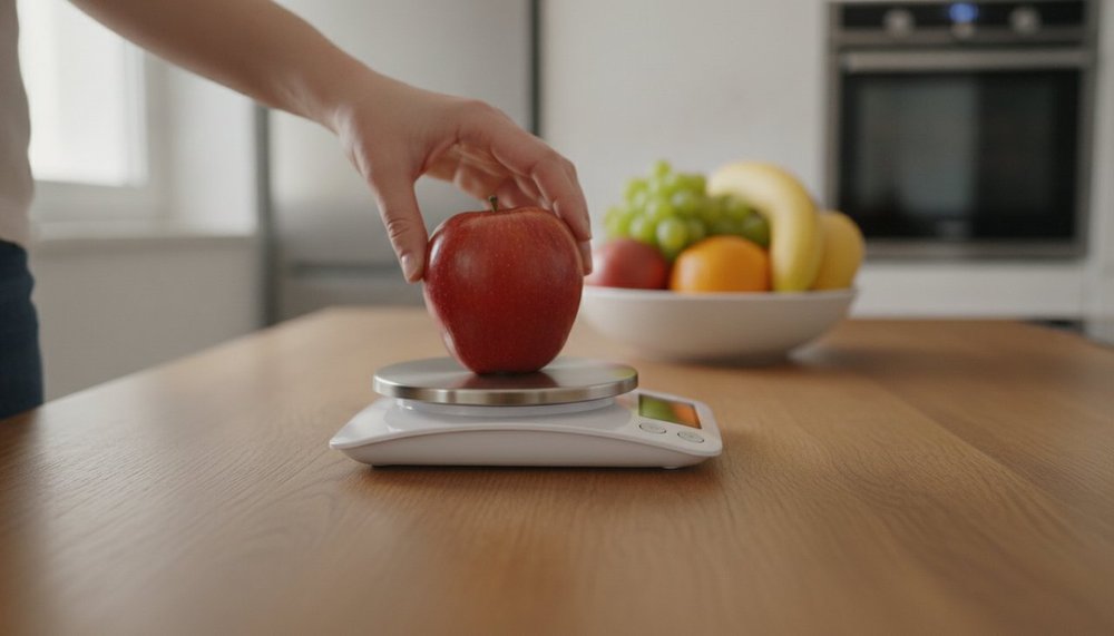 Peser un fruit sur une balance de cuisine pour estimer ses calories
