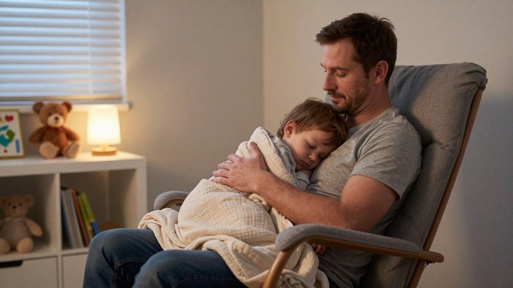 Papa qui porte son bébé endormi après une sieste dans une chambre à la lumière tamisée de fin de journée