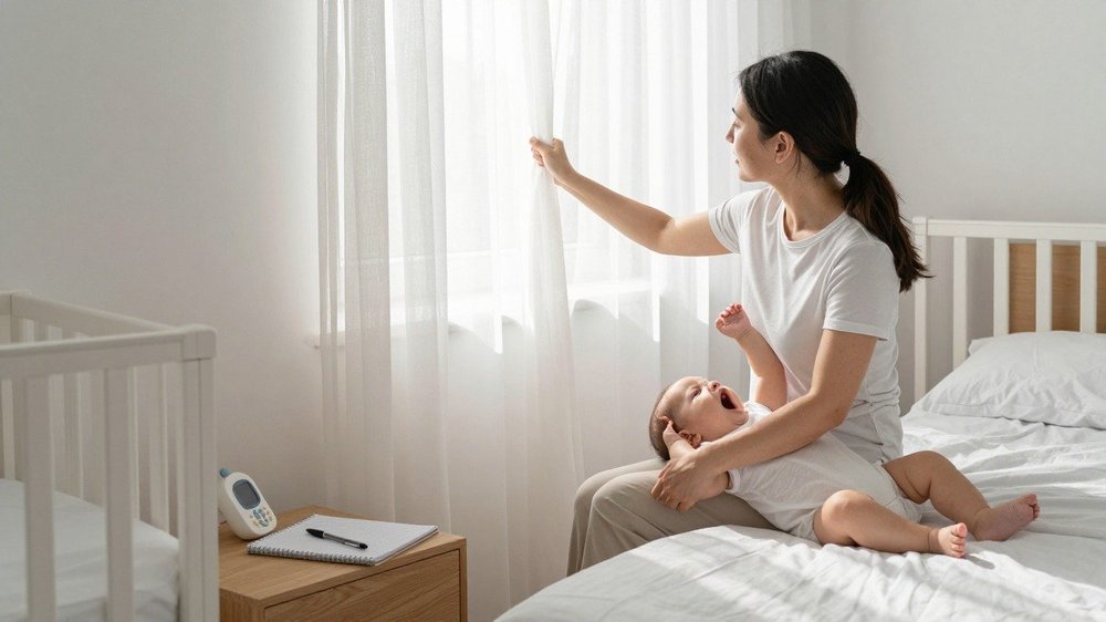 Maman qui ouvre les rideaux pour réveiller bébé en douceur à la lumière du jour, carnet de sommeil sur la table de nuit