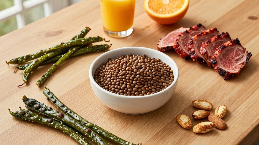 Aliments riches en fer : lentilles, épinards, viande rouge et amandes sur une table