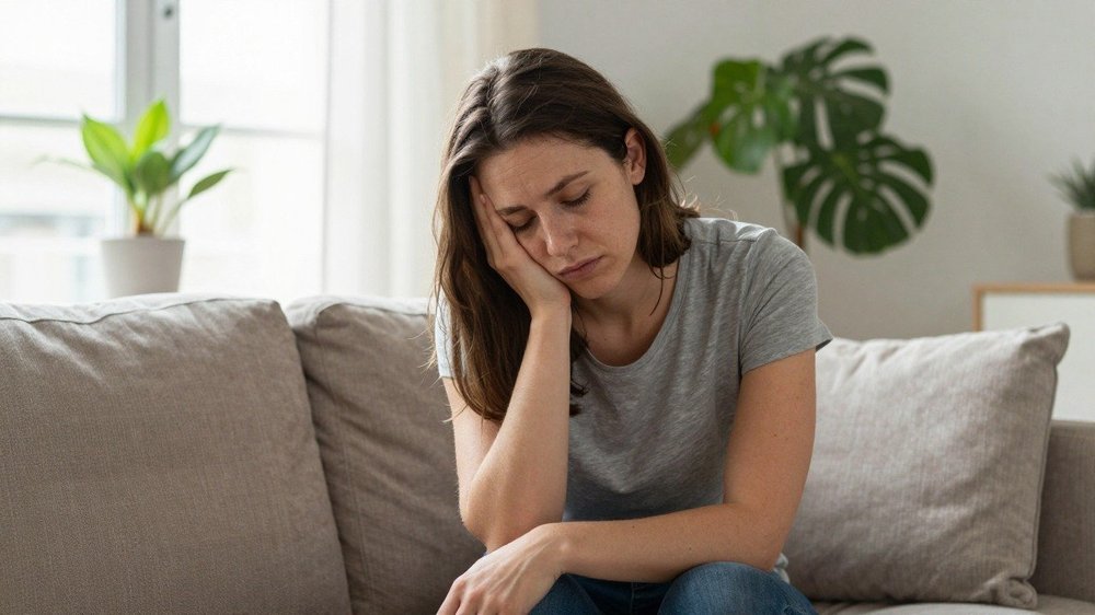 Femme fatiguée assise sur son canapé, symptôme fréquent du fer sérique bas
