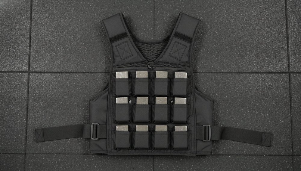 Détail d'un gilet lesté noir avec ses poches de lest amovibles et ses sangles réglables