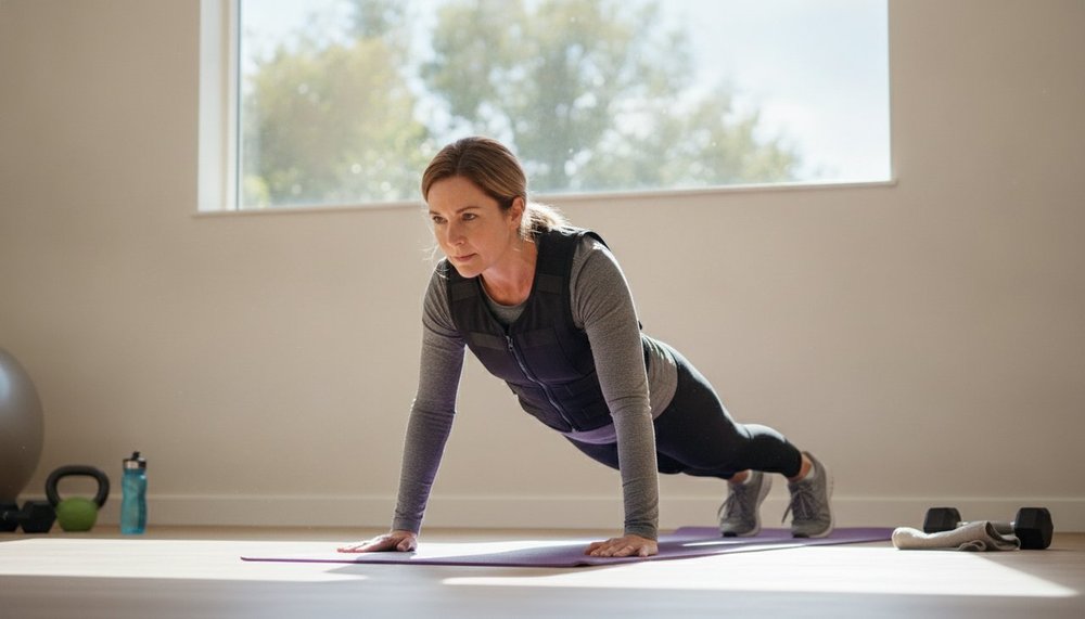 Femme réalisant une pompe avec un gilet lesté dans un home gym