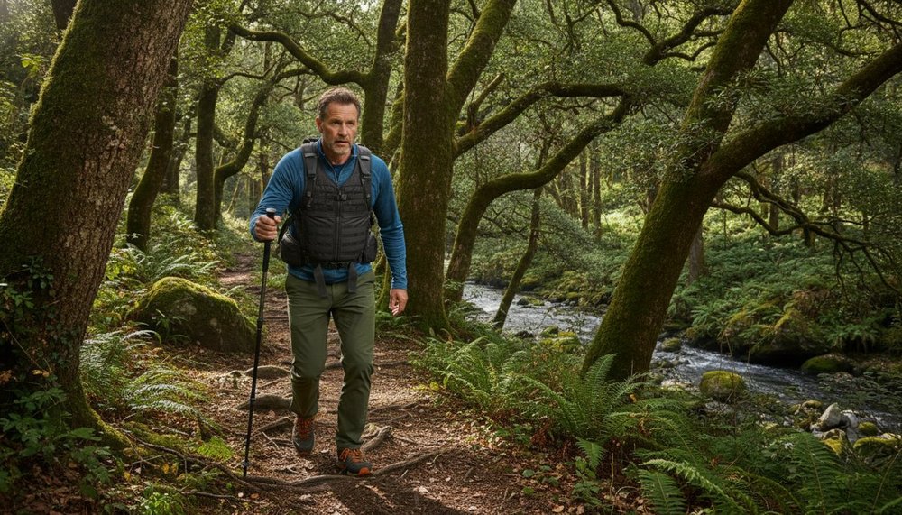 Homme marchant en montée sur un sentier forestier avec un gilet lesté