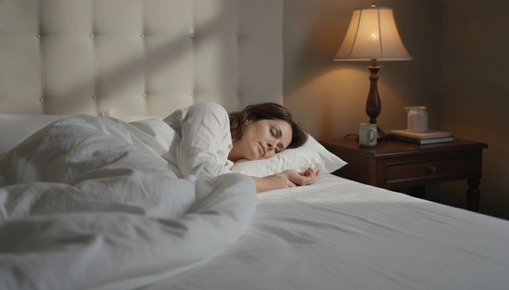 Femme dormant paisiblement dans un lit aux draps blancs, lumière tamisée