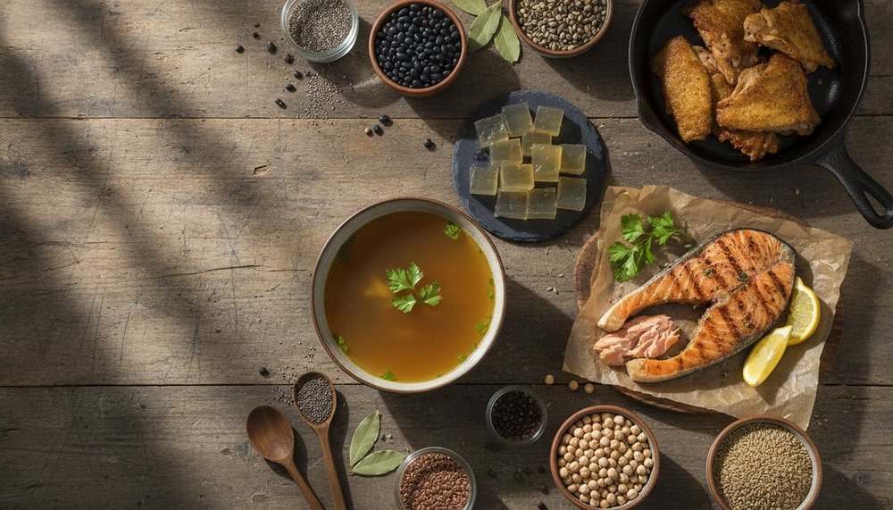 Aliments riches en collagène et en glycine sur une table en bois : bouillon d'os, gélatine, poisson, légumineuses