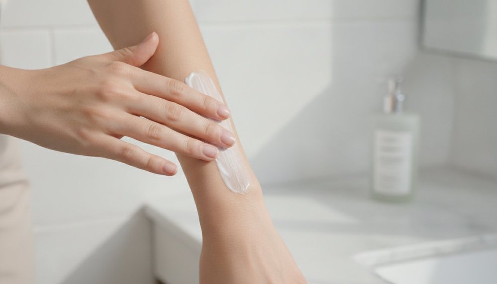Femme appliquant une crème hydratante sur la peau de son avant-bras