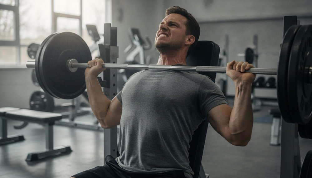 Homme réalisant un développé couché avec barre pour stimuler l'hypertrophie musculaire