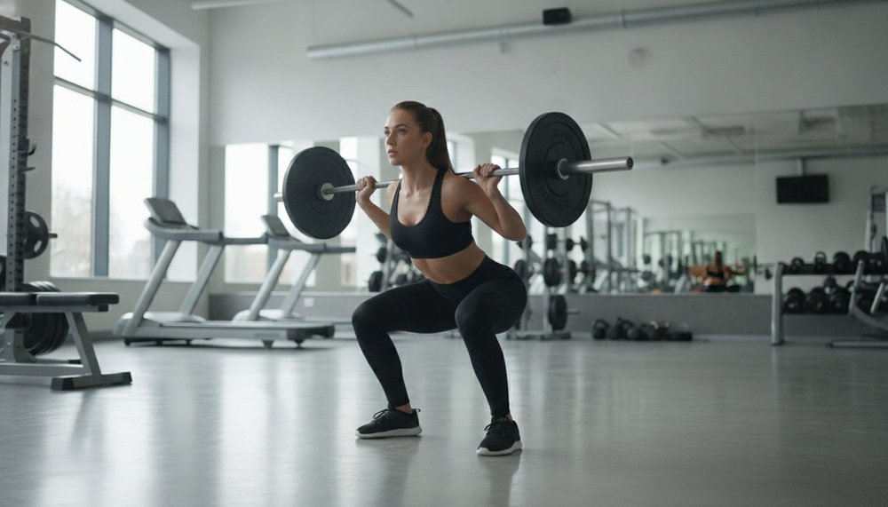 Femme exécutant un squat avec barre dans une salle de musculation, exercice clé de l'hypertrophie
