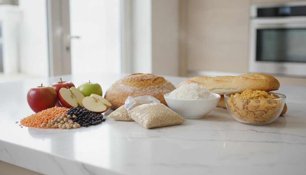 Aliments classés par indice glycémique bas moyen et haut sur une table