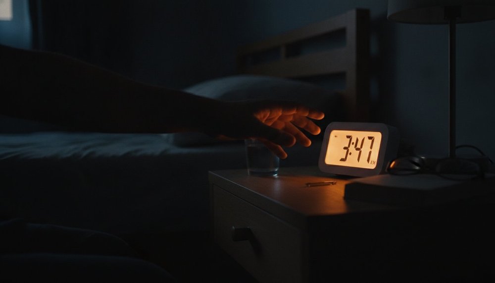 Personne éveillée la nuit consultant l'heure, illustrant l'insomnie