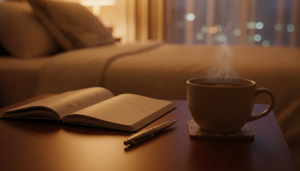 Carnet de suivi du sommeil et tasse de tisane sur une table de chevet