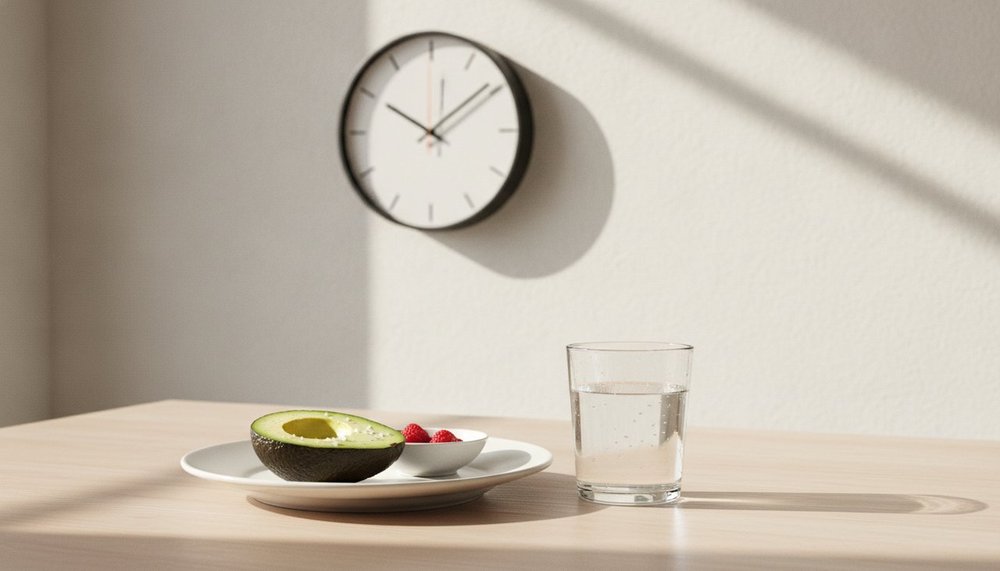 Horloge et repas illustrant la fenêtre alimentaire de 8 heures du jeûne 16/8