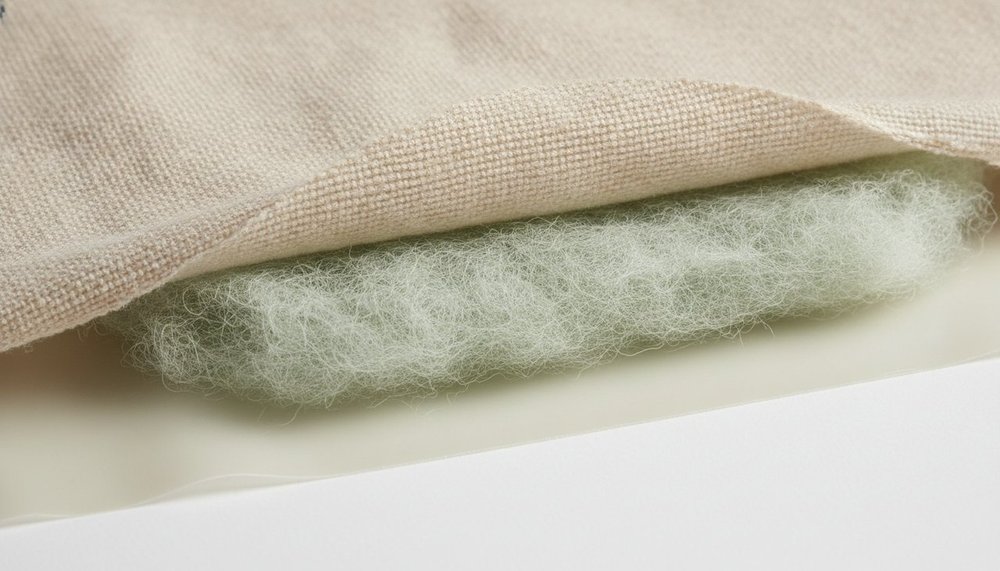 Coupe d'un textile absorbant de culotte menstruelle : couche coton, cœur absorbant et membrane étanche