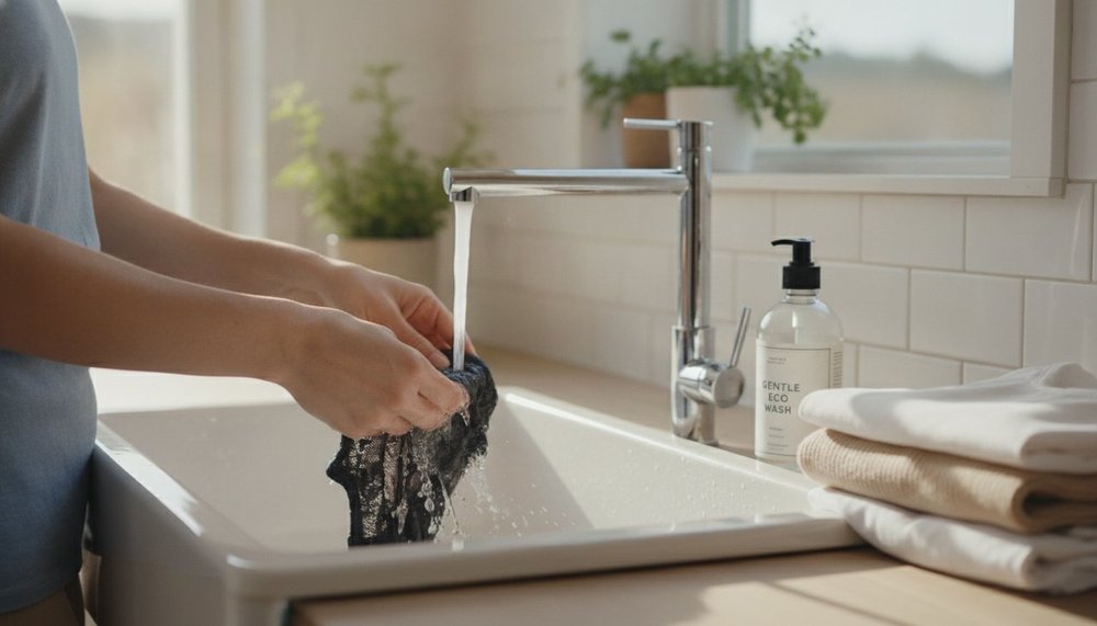 Rinçage à l'eau froide d'une culotte menstruelle avant lavage en machine à 30 degrés