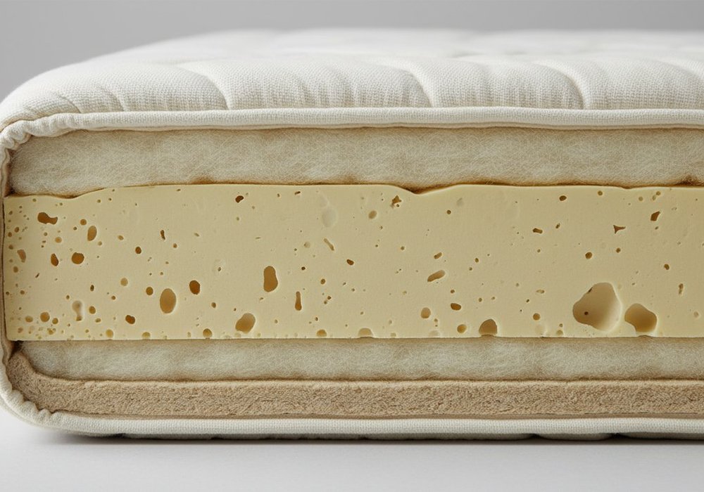 Coupe transversale du matelas Kipli montrant les couches de latex et housse en laine