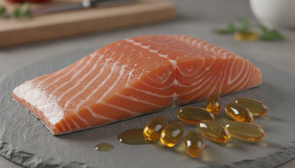 Filet de saumon frais et capsules d'oméga-3, sources d'EPA et DHA pour le cœur