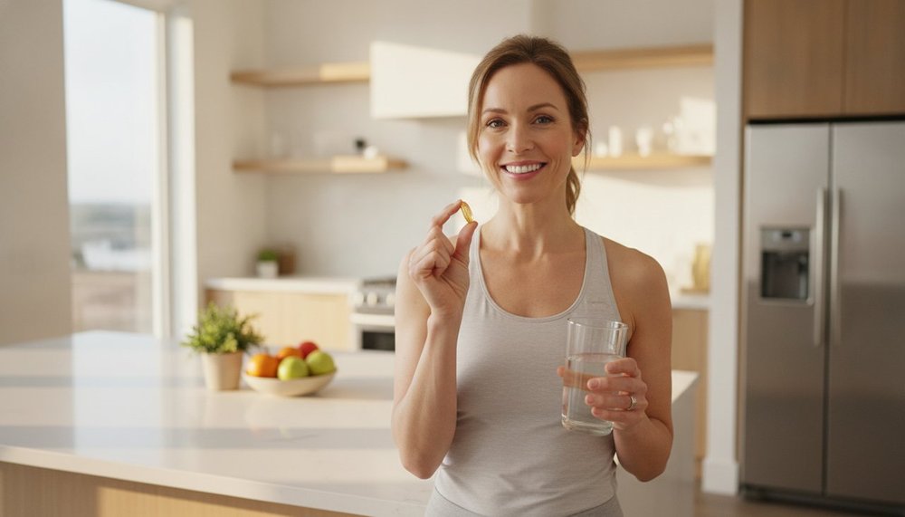 Femme prenant une capsule d'oméga-3 avec un verre d'eau dans sa cuisine