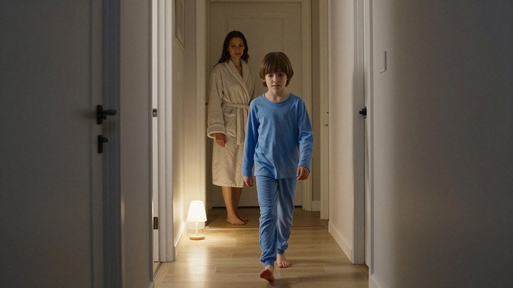 Enfant somnambule marchant dans un couloir la nuit, un parent l'accompagnant calmement
