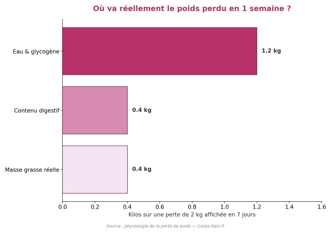 Répartition de la perte de poids sur une semaine : eau, glycogène, graisse