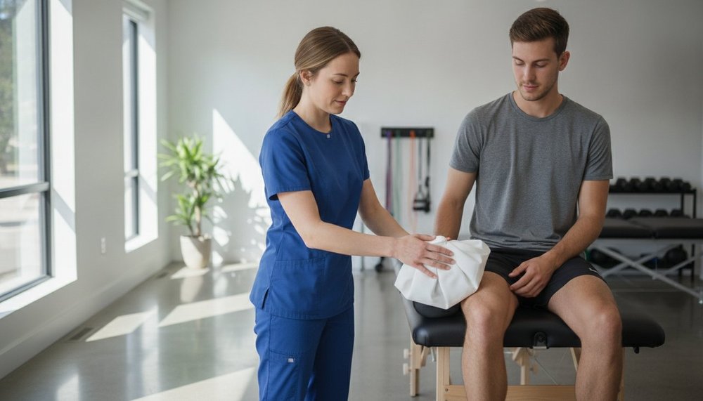 Application de glace sur le tibia pour soulager une périostite tibiale
