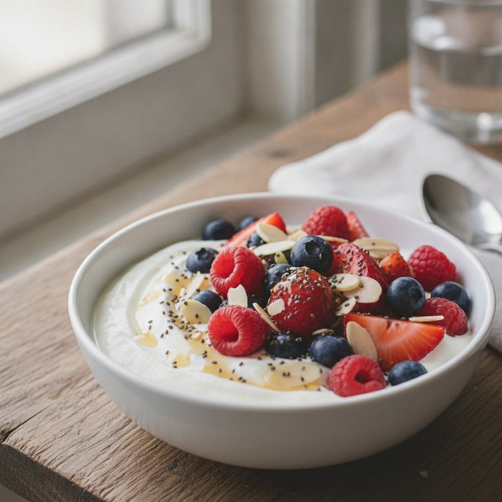 Bol de yaourt grec aux fruits rouges, graines et amandes, petit-déjeuner protéiné