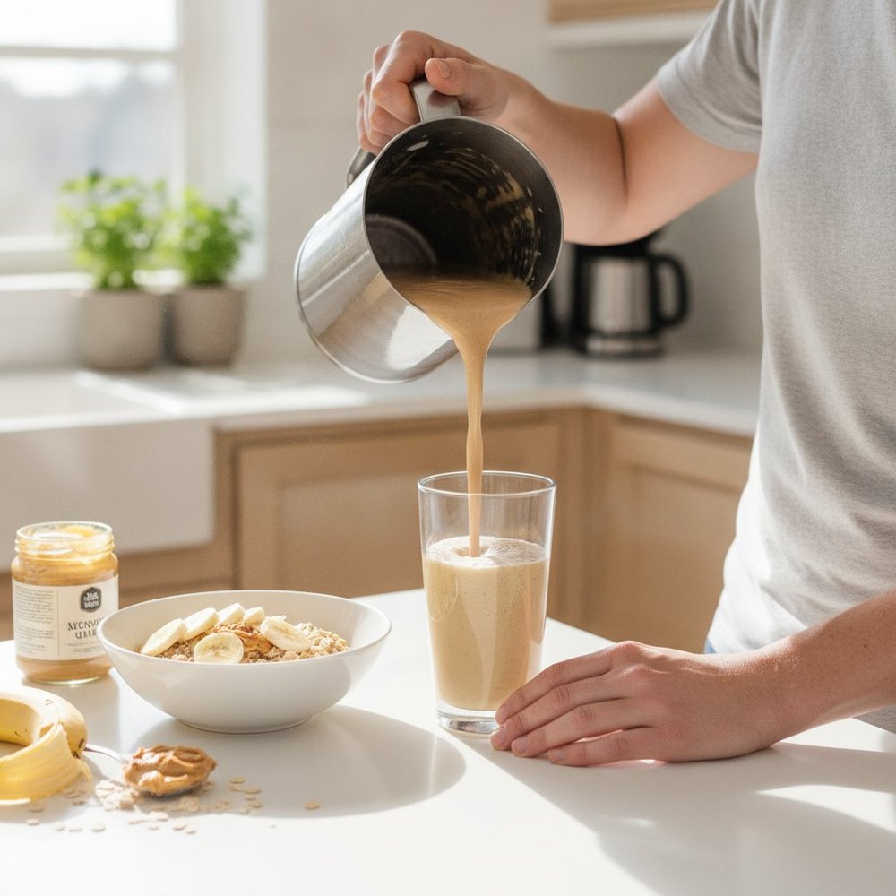 Préparation d'un smoothie protéiné dans une cuisine lumineuse