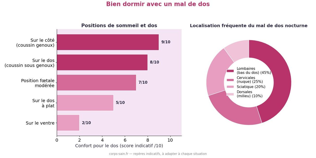 Infographie comparant les positions de sommeil et la localisation du mal de dos