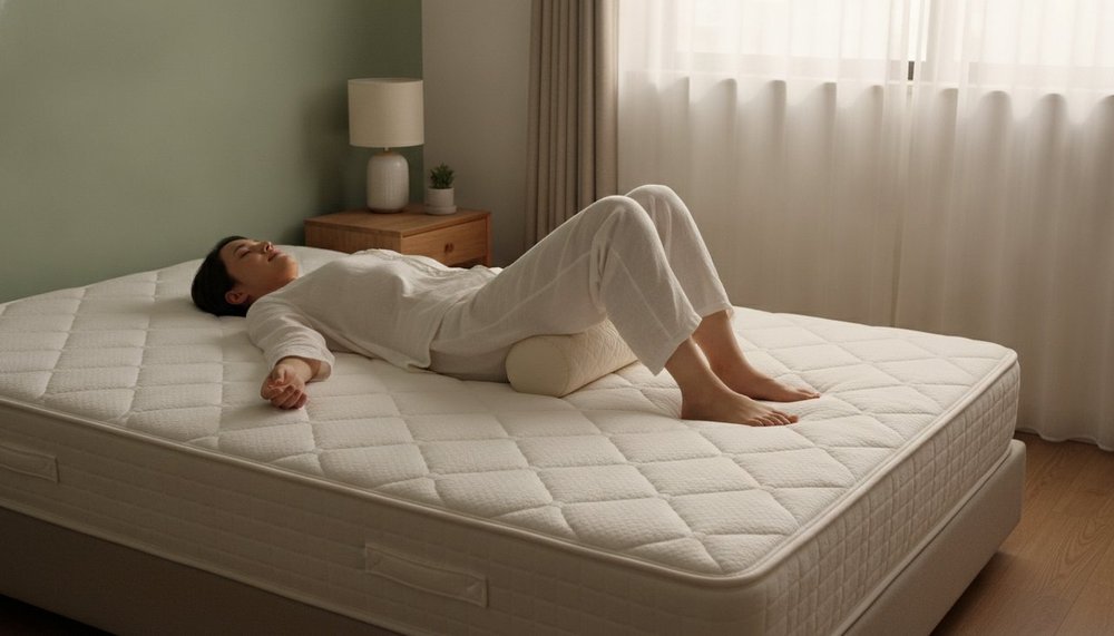 Dormeur sur le dos avec un coussin sous les genoux pour soulager les lombaires