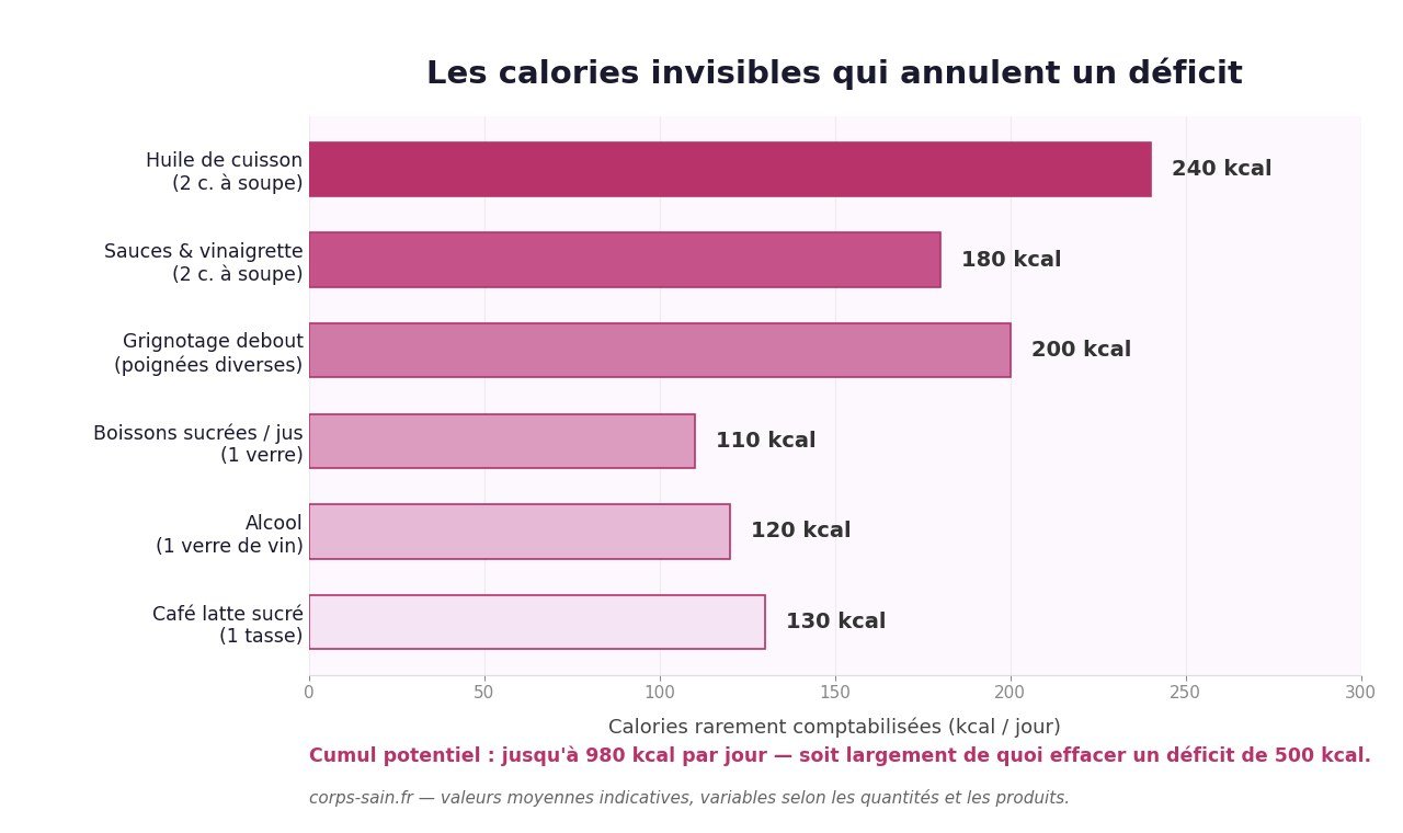 Infographie des calories invisibles qui annulent un déficit calorique quotidien