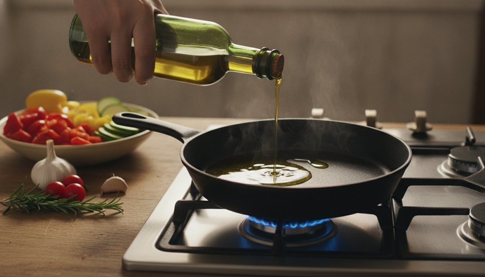 Huile versée généreusement dans une poêle, principale source de calories invisibles
