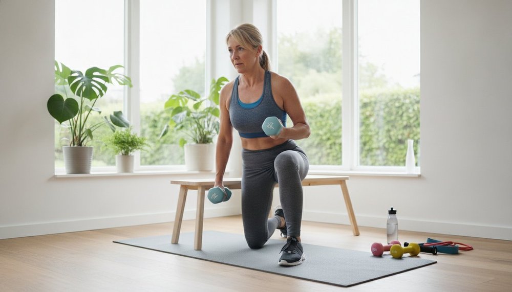 Femme réalisant un exercice de renforcement musculaire avec haltères pour préserver sa masse maigre