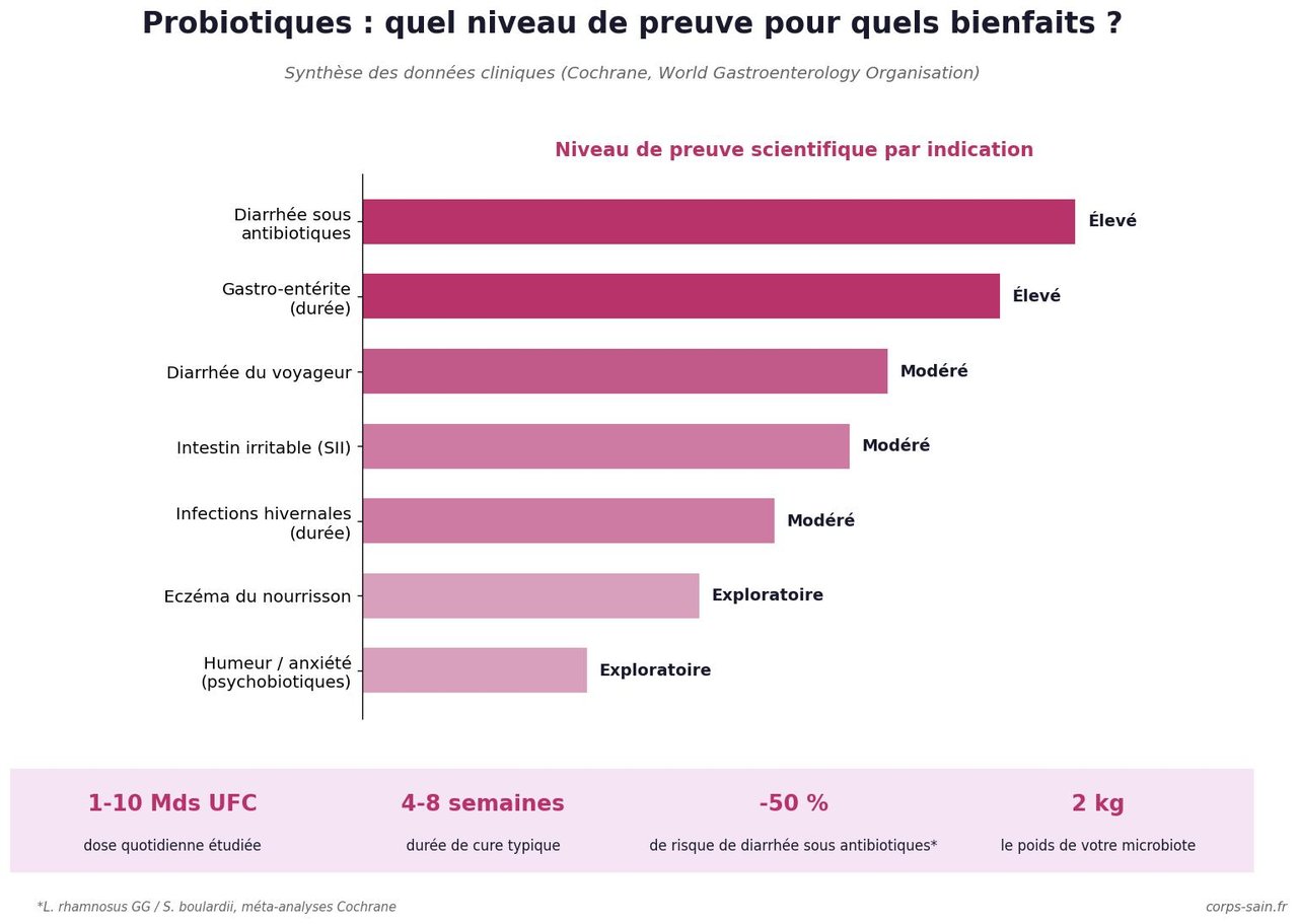 Infographie : bienfaits des probiotiques par indication et niveau de preuve scientifique