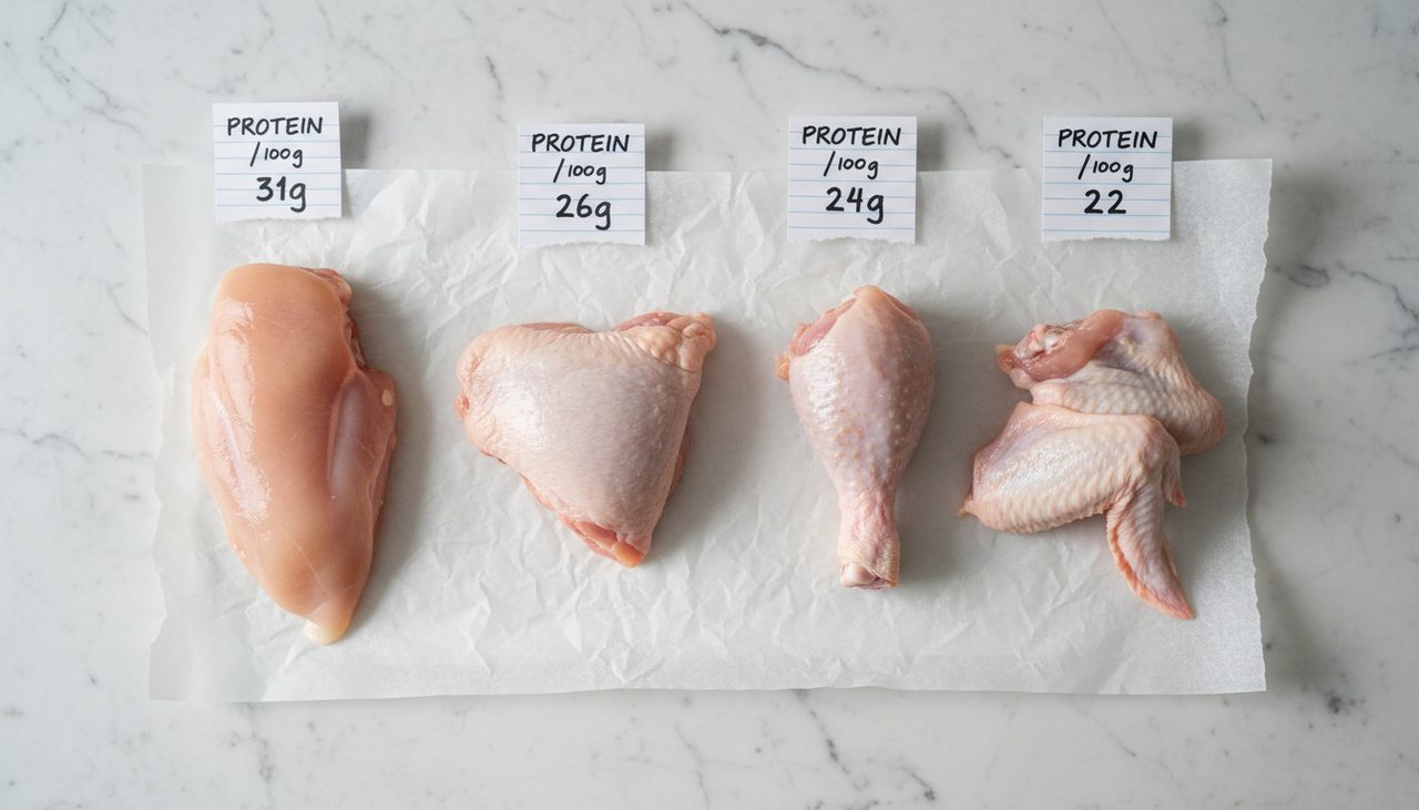 Comparaison des morceaux de poulet crus avec leurs teneurs en protéines pour 100 g