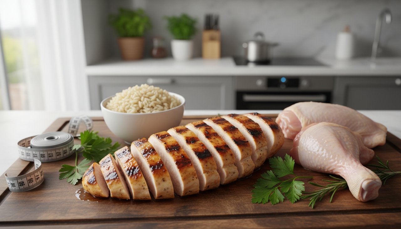 Blanc de poulet grillé tranché sur planche en bois avec mètre de cuisine et herbes fraîches
