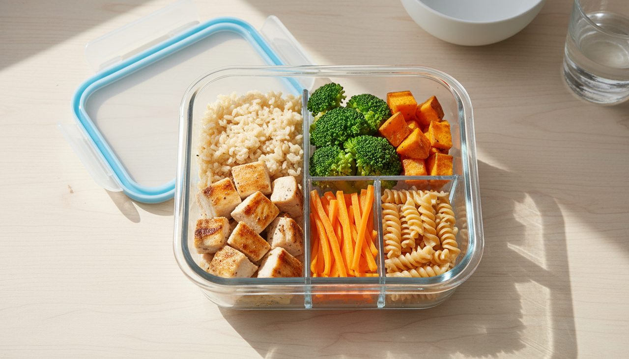 Meal prep fitness avec cubes de blanc de poulet, riz brun, brocoli et patate douce
